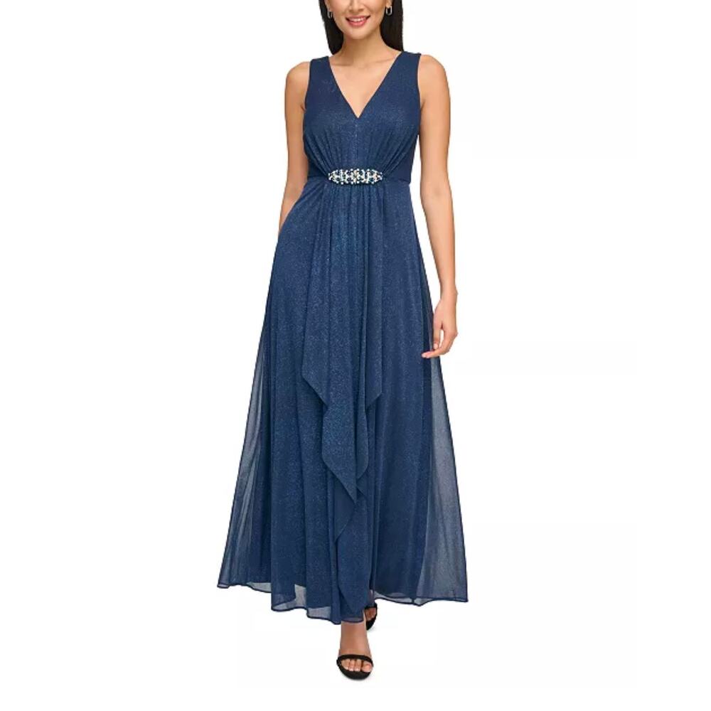 Jessica Howard Women's V-Neck Beaded-Waist Glitter Gown $179 MSRP
